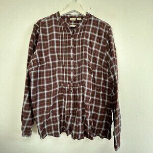 L.L.Bean Womens Plaid Button-Front Pintuck Long-Sleeve Shirt Top Large Burgundy